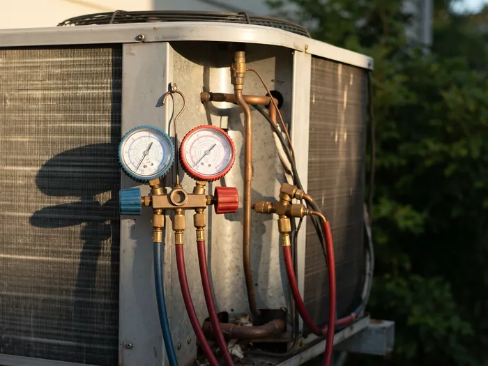 A close daylight detail of refrigerant gauges on the service valves of an outdoor unit, the fins clean, no people